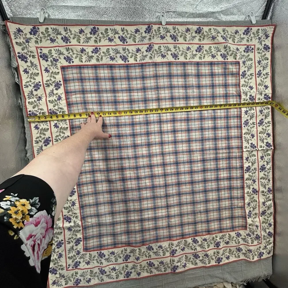 April Cornell Cotton Tablecloth 4ft Square Plaid Floral Blue Purple Cottage Core